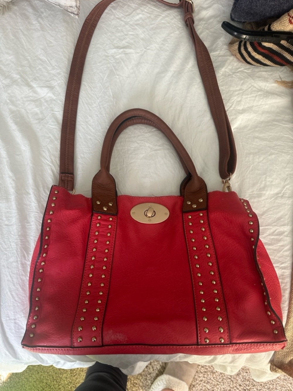 Black Rivet Red Stud-Accent Shoulder Tote with Brown Handles